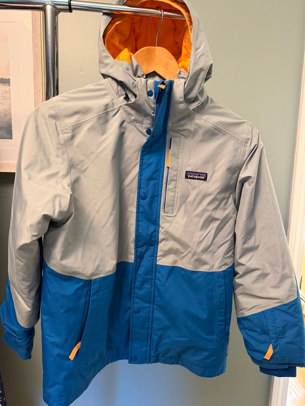 Patagonia Kids Blue & Light Gray Waterproof Hooded Raincoat with Orange Lining
